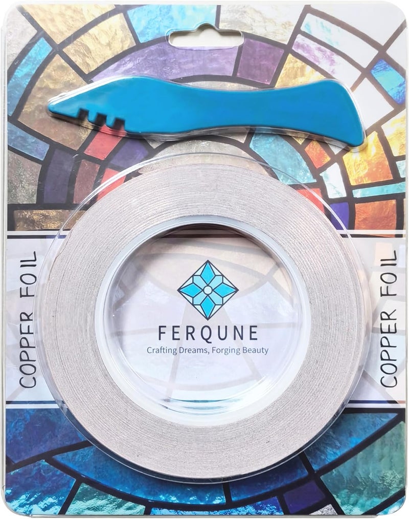 Ferqune 3/16 Inch Silver Backed Copper Foil Tape for Stained Glass, 2 Rolls, 1 Burnisher - Image 1